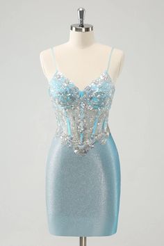 Amzcw Light Blue Spaghetti Straps Tight Corset Short Homecoming Dress with Sequins Hot Pink Hoco Dress, Floral Hoco Dress, Sparkly Hoco Dress, Light Blue Homecoming Dress, Classy Homecoming Dress, Hoco Dresses Pink, Wedding Swimwear, Tight Homecoming Dress, Light Blue Prom Dress