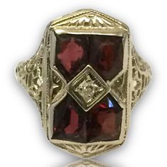 "VINTAGE 14K WHITE GOLD ANTIQUE GARNET ART DECO COCKTAIL RING BEAUTY!! Size 5.25 Each garnet measures approximately 5mm x 4mm Ring face measures 3/4\" high x 6/16\" wide. 3.6 grams One of the garnets are scratched across (see pics). Not cracked through. Shipped insured/delivery confirmation I guarantee item to be exactly as described and pictured." Victorian 14k Gold Diamond Cut Rings, Antique Diamond Cut 14k Gold Rings, Yellow Gold Estate Jewelry, Antique Signet Ring With 17 Jewels For Anniversary, Estate Style 14k Gold Oval Jewelry, Estate Style Formal Rings With Gemstones, Vintage 14k Gold Diamond-cut Signet Ring, Antique 14k Gold Diamond Ring, Vintage Yellow Gold Signet Ring With Gemstone