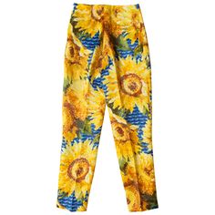 Gucci silk trousers feature bright sunflower print and an elegant cropped leg, center pressed. Made in Italy. Material: 100% Silk. Size : 42 Italian (It fits like 38EU, 6-8US) Measurements : Waist : 32 cm Length : 95 cm Width ankle : 16 cm Alessandro Michele Gucci, Sunflower Outfit, Floral Trousers, Silk Clothes, Outfit Png, Joggers Track Pants, Yellow Pants, Italy Outfits, Silk Lingerie