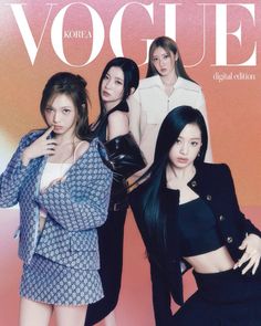 three women standing next to each other in front of a magazine cover with the words'vosque'written on it