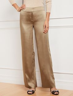 Silky satin elevates the chic style of these flattering wide leg pants. Drapes perfectly with a figure-boosting high waist. A statement piece for any season. Invisiflex Comfort Waist Technology adjusts to your body for the perfect fit. Features Flat Front/Trouser Wide Leg Hits Above Waist Full Length Fly front with hook & bar closure Slash pockets Imported Fit: Misses: 31"; Petite: 28 1/2"; Plus: 31"; Plus Petite: 28 1/2" Material: 100% Polyester Care: Machine Wash Cold; Only Non-Chlorine Bleach Olive Chinos, Satin Wide Leg Pants, Green Trousers, Satin Pants, Grey Dress Pants, Dress Slacks, Petite Pants, Classic Style Women, Silk Pants