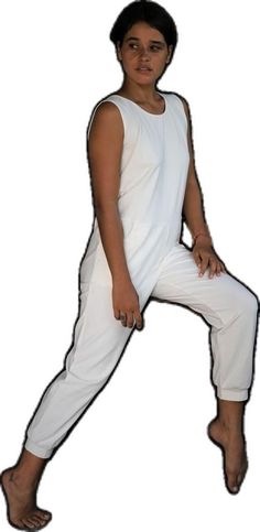 Casual Stretch Jumpsuits And Rompers For Relaxation, White High Stretch Cotton Activewear, High Stretch White Cotton Activewear, Casual White High Stretch Jumpsuits And Rompers, White High Stretch Casual Jumpsuits And Rompers, White Stretch Activewear For Relaxation, White Sleeveless Activewear For Loungewear, White Sleeveless Loungewear Activewear, High Stretch Casual Jumpsuits And Rompers For Yoga