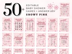 the 50 printable baby shower games and answer key for snowy pink is shown