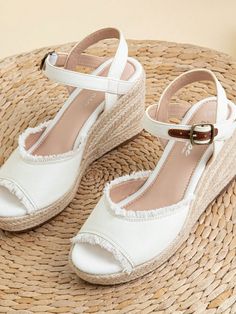 white PU Vacation Collar   Plain  Embellished   Women Shoes White Espadrille Wedge Sandals With High Heel, White Espadrille High Heel Wedge Sandals, White Espadrille-style High Heel Wedge Sandals, White Espadrille Heels For Summer, Espadrille Open Toe Platform Wedge Sandals, White Open Toe Espadrille Wedge Sandals, White Espadrille Wedge Sandals With Round Toe, White Open Toe Espadrille Heels, White Platform Espadrille Wedge Sandals