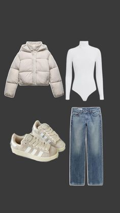 four pieces of clothing including a white jacket, jeans and sneakers with shoes on them