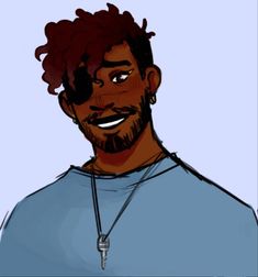 a drawing of a man with dreadlocks and a blue shirt smiling at the camera