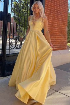 Yellow Prom Dress, Prom Dress With Split, Yellow Prom, Dress With Rhinestones, Dress With Split, Prom Dresses Yellow, Prom Dresses With Pockets, Yellow Satin, Long Prom Dress