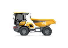 a yellow dump truck on a white background