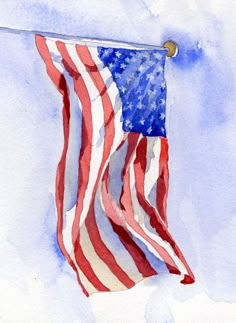 an american flag hanging on a clothesline with watercolors and ink in it