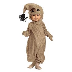 a baby dressed in a costume with a spider on it's head