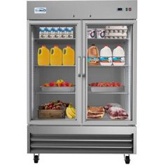 two glass door refrigerators with milk, juice and other food items in front of them