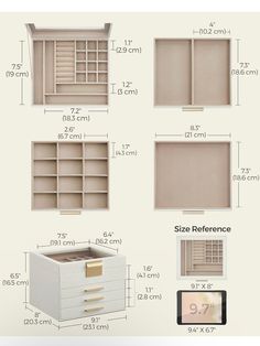 the measurements for an open bookcase are shown in three different sizes and colors, including white