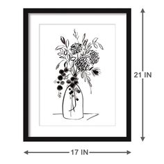 a black and white drawing of flowers in a vase with the measurements for each piece