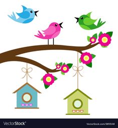 three birds sitting on a tree branch with flowers and birdhouses hanging from it's branches