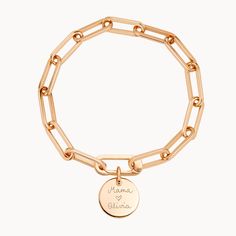 Forever linked by love. Featuring an iconic hinge to clip on your hand-engraved charms, this personalized link bracelet can be hand-engraved with your special words or messages.Available in 18K Champagne Gold PlatedCharm: 0.6 Diameter, 0.03 ThicknessChain length &amp; style: 7.3 Thick Trace ChainCharms are removable from this chain and can be worn with other Merci Maman charmsHand-engraved in our Paris workshopSent with love in a complimentary gift boxAny slight variations in lettering depth Charm Bracelet With Solid Links As A Gift, Engraved Charm Bracelet For Personalized Gift, Personalized Engraved Charm Bracelet, Engraved Link Chain Bracelet Gift, Everyday Engraved Chain Bracelet, Engraved Chain Bracelet For Everyday Wear, Engraved White Gold Charm Bracelet, Elegant Engraved Rose Gold Charm Bracelet, Personalized Chain Link Bracelet Gift