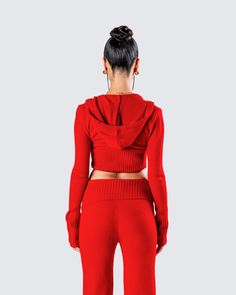 Bring some heat to your day in this red knit cropped jacket 🔥 Complete with a rib hem, zip front, and extended long sleeves - this jacket was made for all our firecrackers 😜 Red Winter Sweater For Loungewear, Red Cropped Tops For Winter, Red Fitted Crop Top For Winter, Red Long Sleeve Crop Top For Fall, Fitted Red Crop Top For Winter, Winter Cropped Stretch Cardigan, Trendy Red Long Sleeve Cropped Sweater, Winter Cropped Cardigan With Ribbed Cuffs, Solid Cropped Sweater For Winter