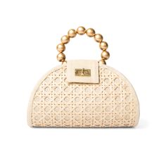 Welcoming the new cream and gold BELLA bag. Small but mighty, this gorgeous bag is the perfect statement piece for your vacation style You can still fit your essentials in including your large phone. You can still fit your essentials in including your large phone. Crafted by our artisans in the Philippines, the structured bag is made from T’nalak fabric with an iconic Solihiya rattan weave overlay. Featuring a gold plated brass twist lock clasp and a wooden beaded top handle. Detachable cross-bo Cream Handbag, Rattan Weave, Structured Bag, Woven Handbags, Bright Pastels, Woven Rattan, Beaded Top, Vacation Style, Gorgeous Bags