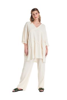 Oh My Gauze Carmen Blouse Bone Spring Cotton Gauze Top For Loungewear, Cream Linen Tops For Loungewear, Beige Cotton Blouse For Loungewear, Cream Linen Loungewear Tops, Spring Linen Tops With Crinkle Texture, Linen Blouse With Crinkle Texture, Cream Linen Tops For Daywear, Spring Beige Cotton Tunic, Beige Cotton Tunic For Spring