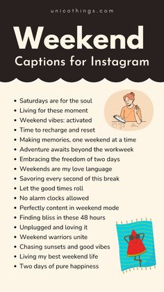 a poster with the words weekend captions for instagramm and an image of a woman