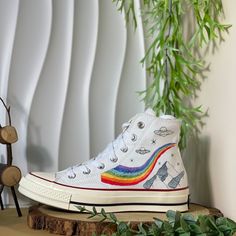 Please leave a note if this is an order for children under 6 years old. Thank you!Step into a world where nature's serenity meets artistic craftsmanship. Our custom-embroidered Converse shoes are a unique blend of handcrafted excellence and the enchanting allure of the natural world. Each pair is meticulously designed by a skilled artisan who understands the essence of capturing the tranquil beauty of grasses, leaves, and mushrooms. 🌿 Nature-Inspired Design: Our shoes feature delicate embroider Shoe Embroidery, Mushrooms Nature, Rainbow Gifts, Rainbow Embroidery, Rainbow Gift