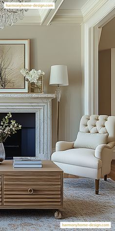 a living room with a couch, chair and fire place in front of a fireplace