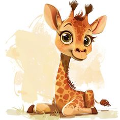 a baby giraffe sitting on the ground looking at the camera with big eyes