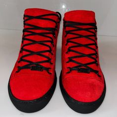 Size 12 Us Men, Balenciaga Red Suede Arenas, New - Never Worn Winter High-top Sneakers With Red Sole, Winter Low-top Sneakers With Red Sole, Red Casual High-top Sneakers With Studded Outsoles, Red Casual Custom Sneakers With Studded Outsoles, Winter Lace-up Sneakers With Red Sole, Designer Low-top Winter Sneakers, Red High-top Custom Sneakers With Studded Outsoles, Red Designer High-top Sneakers For Streetwear, Winter Low-top Sneakers With Leather Sole