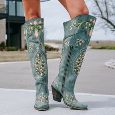 Flower Child Turquoise Rustic Leather Over The Knee High Boots (DS) ~ - Lil Bee's Bohemian Knee High Boots Dress, Dan Post Boots, Cowboy Shoes, Basic Boots, Dan Post, Western Boots Women, Chunky High Heels, Cowboy Boots Women, Beautiful Boots