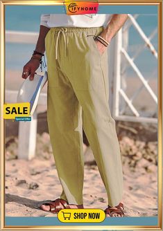 Men's Linen Pants Trousers Summer Pants Beach Pants Pleated Pants Drawstring Elastic Waist Plain Breathable Soft Casual Daily Holiday Linen / Cotton Blend Fashion Streetwear Turmeric Blue Outdoor Bottoms With Pockets For Beach Season, Beach Ankle Pants With Pockets, Beach Ankle-length Pants With Pockets, Solid Parachute Pants For Summer Outdoor, Summer Leisure Parachute Pants With Pockets, Summer Parachute Pants With Pockets For Leisure, Summer Outdoor Solid Color Parachute Pants, Beach Season Cotton Bottoms For Outdoor, Casual Summer Cargo Pants With Drawstring