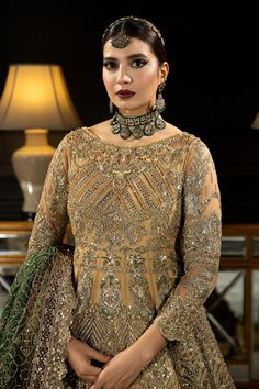 Gold Shade Embroidered Pakistani Wedding Dress in Pishwas Frock Style is a stunning attire that will give you a head-turning look on the big day. Its magnificent color and hand-crafted embellishments make this stunning Pishwas Dress an epitome of beauty. Traditional Pishwas: The beautiful Pishwas Frock has an alluring Gold shade and it is adorned with ravishing floral designs. Embroidery, Tilla, Dabka, and stylish neckline make this stunning Pishwas in premium lawn your priority for the wedding Walima Dresses Pakistani, Gown Pakistani, Flowy Outfit, Pakistani Bridal Dress, Dupatta Style, Walima Dress, Net Design, Pakistani Designer Clothes, Indian Bridal Sarees