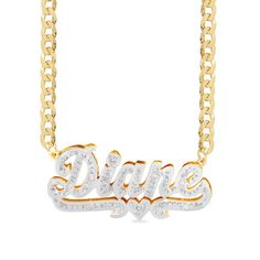 Prepare to dazzle in this diamond personalized nameplate necklace. Made in responsibly sourced sterling silver with 14K plated two-tone gold for everyday wear with proper care. Stone: Set with conflict-free 1/10 ct. t.w. diamonds Chain Length: 18 in. Chain Width: 3 mm Character LImit: 1-10 Customizable White Gold Nameplate Necklace, Customizable Nameplate Necklace In White Gold, Personalized White Diamond Necklace, Personalized Diamond Cuban Link Necklace, White Diamond Nameplate Jewelry, White Gold Nameplate Necklace, Personalized Cuban Link Diamond Necklaces, Gold Sterling Silver Name Necklace With Diamond Accents, Personalized White Diamond Necklace For Anniversary