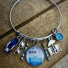 Silver Bracelet For Beach Season Gift, Adjustable Wire Bracelet, Beach Is My Happy Place, Custom Bangle, Handstamped Bracelet, Adjustable Bangle Bracelet, Awareness Bracelet, Photo Charms, Beach Lover