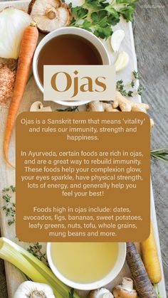 Ojas is a Sanskrit term that means 'vitality' and rules our immunity, strength and happiness. In Ayurveda, certain foods are rich in ojas and are a great way to rebuild immunity.   Foods high in Ojas include: dates, avocados, bananas, sweet potatoes, leafy greens, nuts, tofu and whole grains. Immunity Foods, Healthy Daily Habits, Sesame Seed Oil, Saline Solution, Burning Sage, Nasal Passages, Cold Prevention, Leafy Greens, Daily Habits