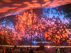 people are gathered under a large projection screen at an outdoor event with lights and trees on it