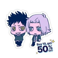 an image of two anime characters with 50 % off stickers on the front and back