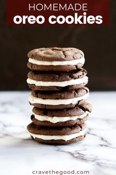 a stack of cookies with white frosting on top and the words homemade oreo cookies above it