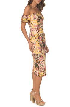 Colorful floral embroidery and an off-the-shoulder silhouette enrich a mid-length dress styled with fluttery cap sleeves and a vented hem for ease of movement. 36" center front length (size Medium) Off-the-shoulder neck Cap sleeves Partially lined 100% polyester Hand wash, line dry Imported Off-shoulder Floral Midi Dress For Summer, Off-shoulder Multicolor Midi Dress For Spring, Summer Off-shoulder Floral Embroidered Dress, Fitted Midi-length Floral Dress With Ruched Detail, Luxury Off-shoulder Floral Print Midi Dress, Hairstyling Products, Dress The Population, Fragrance Design, Mid Length Dresses