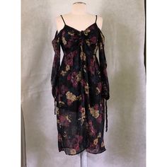 Band Of Gypsies Black Wine Floral Dress Long Sleeves/ Shoulderless Adjustable Top And Sleeve Ends Size M Spring Black Cold Shoulder Dress, Floral Dress Long, Blue Dress Short, Tropical Print Dress, Mid Length Dress, Hot Pink Dresses, Dress Long Sleeves, Floral Sheath Dress, Floral Dresses Long