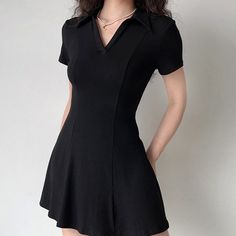 Trendy V-neck Mini Dress, Casual V-neck Mini Dress For Evening, Trendy Mini Dress For Formal Occasions, Trendy Formal Summer Mini Dress, Fitted Collar Mini Dress For Summer, Collared Mini Dress For Date Night, Chic Fitted Mini Dress With Collared Neckline, Chic Summer Mini Dress With Collared Neckline, Feminine Solid V-neck Mini Dress