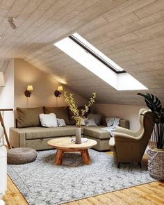 a living room filled with furniture and a skylight above the couches in this loft