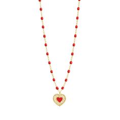 Gigi Clozeau - Poppy Lace Heart Necklace, Yellow Gold, 16.5 Luxury Red Jewelry With Heart Charm, Luxury Heart Bead Necklaces With Heart Pendant, Yellow Gold Heart Pendant Necklace With Heart Beads, Yellow Gold Heart-shaped Necklace With Heart Beads, Luxury Heart-shaped Necklace With Delicate Chain, Valentine's Day Yellow Gold Heart Bead Necklace, Luxury Red Heart Pendant Necklace, Luxury Red Heart Pendant Necklaces, Luxury Gold Necklace With Heart Beads