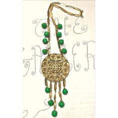 This is part of Chairish’s Costume Jewelry assortment.  Vintage Gold Green Statement Necklace 1970s Sunflower Dangles Beads  ------------------  Stylish gold necklace with beautiful green round beads...the middle pendant is a sunflower design...multiple green beads at the chain plus 5 dangles each ending with that same green bead encased in gold...secure closure.  Overall length of chain: 18"   Plus total pendant drop: 5.50" Green Necklace With Large Medallion Pendant, Vintage Beaded Chain Jewelry, Vintage Round Beaded Chain Jewelry, Vintage Green Pendant Beaded Necklace, Vintage Green Beaded Chain Jewelry, Vintage Green Dangle Necklaces, Vintage Green Jewelry With Polished Beads, Vintage Green Jewelry With Beaded Chain, Vintage Green Dangle Jewelry