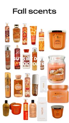 an assortment of fall scents are featured in this ad for bath and body products