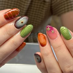 Autumn Nail Inspo Aesthetic, Fun Autumn Nails, Green Autumn Nails, Nails Fun, Hippie Nails, Easy Nails, Grunge Nails, Nails Fall, Gel Nail Designs