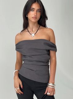 Horizons Top Grey Asymmetrical Neckline Stretch Tops, Fitted Gray Elastane Top, Gray Fitted Elastane Tops, Evening Top With Fitted Elastic Shoulders, Evening Tops With Elastic Shoulders And Fitted Style, Fitted Evening Tops With Elastic Shoulders, Elegant Gray Stretch Top, Chic Party Tops With Elastic Shoulders, Fitted Elastane Off-shoulder Tops