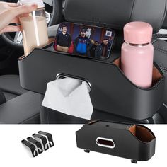 the car cup holder holds two bottles and three cups, while it sits in the passenger's seat