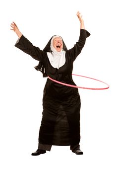 a woman in nun costume holding a hula hoop