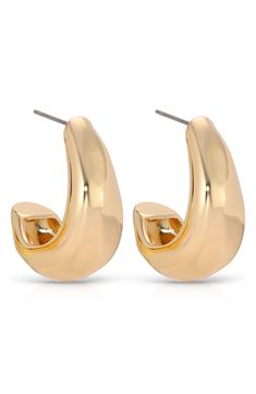 A gently hammered finish brings contemporary shine to tapered crescent-hoop earrings plated in gleaming 18-karat gold. 1 1/8" hoop diameter; 1/2" width Post back 18k-gold plate Imported Gold Crescent Hoop Earrings With Hammered Detail, Gold Hammered Crescent Hoop Earrings, Chic Gold Hammered Hoop Earrings, Modern Gold Crescent Hoop Earrings, Crescent Hammered Earrings, Golden Hoop Earrings, Bachelorette Party Dress, Golden Hoops, Back Necklace