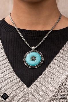 Double strands of silver box chain deftly carry a round turquoise stone set inside an antiqued silver frame. The frame, highlighted with raised dots in concentric circles, repeats inside the center of the turquoise pendant in a mesmerizing finish. Features an adjustable clasp closure. Sold as one individual necklace. Includes one pair of matching earrings. Santa Fe Jewelry, Paparazzi Fashion, Large Turquoise Ring, Concentric Circles, Trendy Collection, Paparazzi Accessories, Silver Box, Paparazzi Jewelry, Blue Necklace