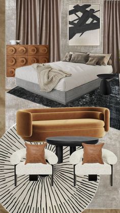 a collage of different furniture and decor items in an interior design mood board with neutral colors